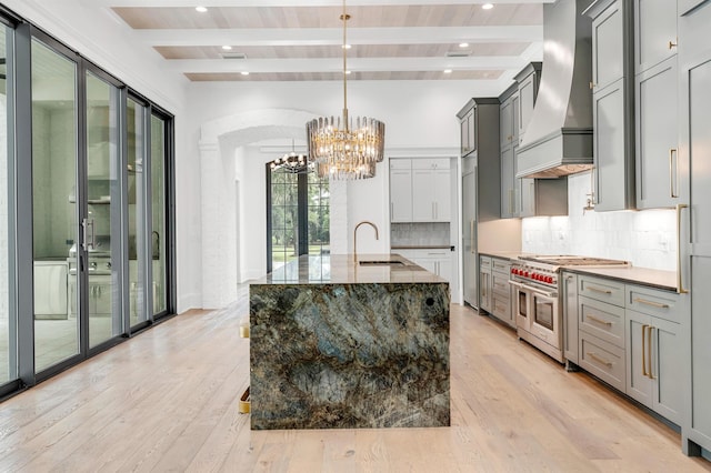 kitchen with pendant lighting, sink, double oven range, custom range hood, and an island with sink