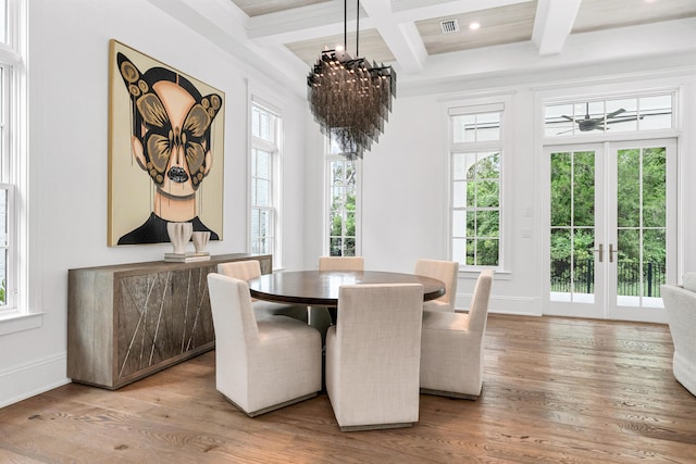 dining space featuring beam ceiling, a chandelier, french doors, coffered ceiling, and wood-type flooring