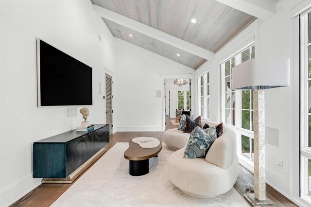 sitting room featuring lofted ceiling with beams and wood-type flooring