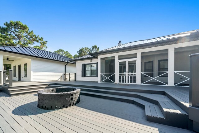 wooden terrace with an outdoor fire pit