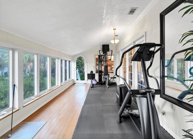 workout area with crown molding, a textured ceiling, wood-type flooring, and vaulted ceiling