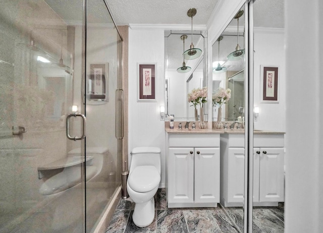 bathroom with a textured ceiling, vanity, toilet, and tile flooring