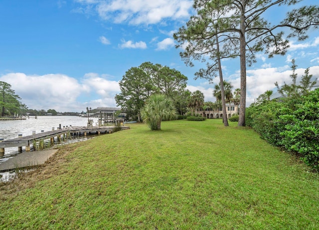 view of yard featuring a water view and a dock