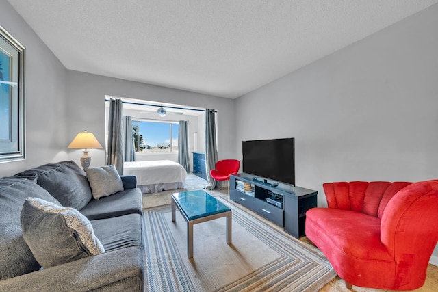 living room with a textured ceiling