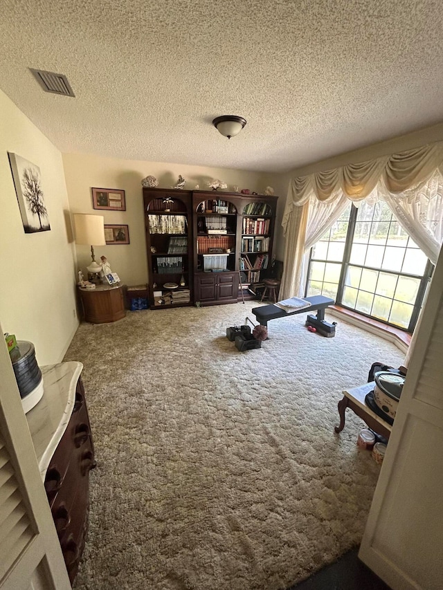 exercise area with a textured ceiling and carpet floors