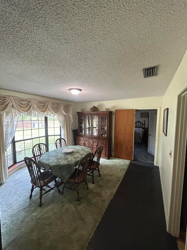 carpeted dining area with a textured ceiling