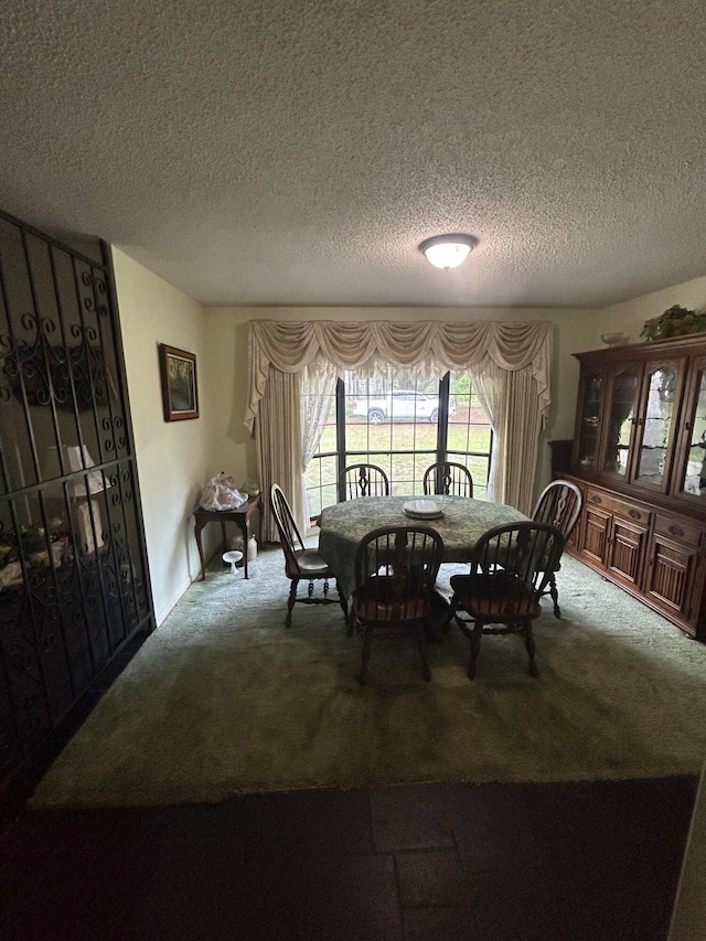 carpeted dining area featuring a textured ceiling