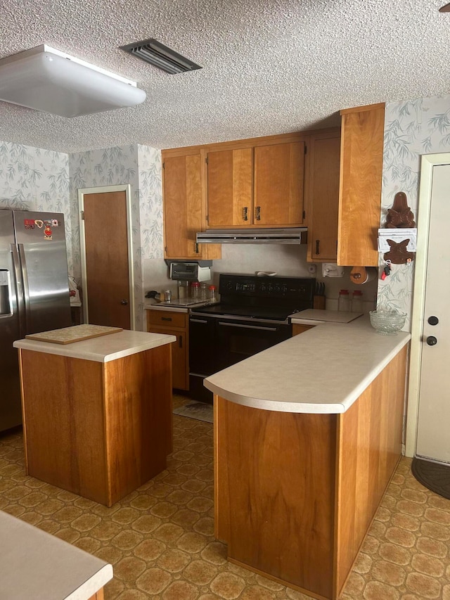 kitchen featuring black electric range, a textured ceiling, stainless steel refrigerator with ice dispenser, and light tile flooring