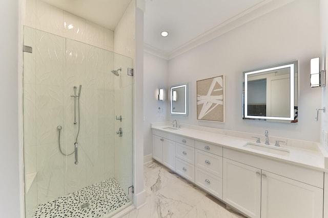 bathroom featuring tile flooring, vanity with extensive cabinet space, dual sinks, crown molding, and an enclosed shower