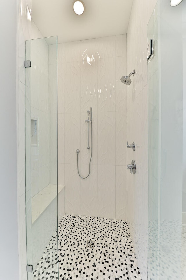 bathroom featuring a shower with shower door