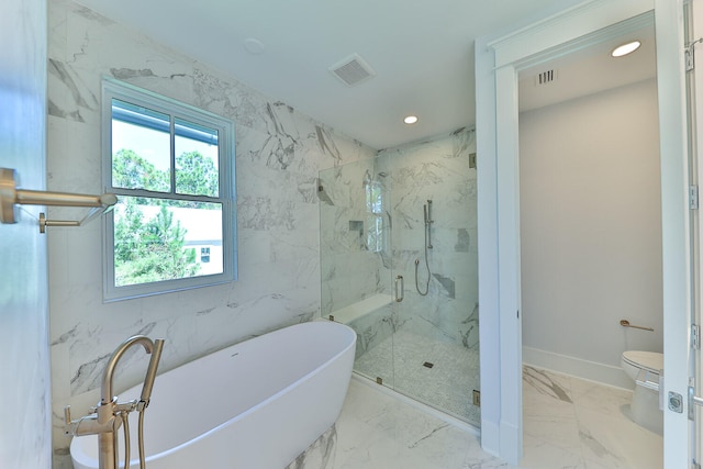 bathroom featuring tile walls, toilet, tile flooring, and independent shower and bath