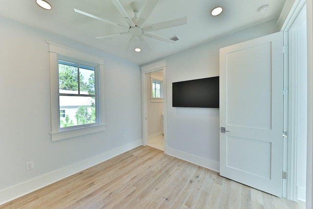 interior space with ceiling fan and light wood-type flooring