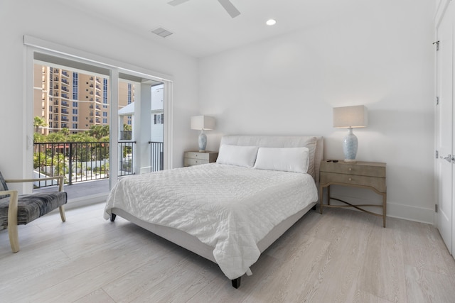 bedroom with ceiling fan, light wood-type flooring, and access to exterior