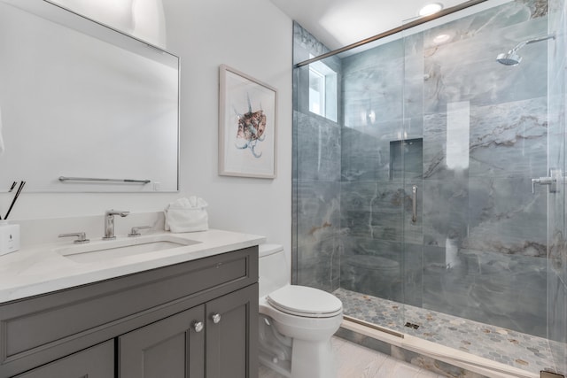 bathroom with walk in shower, toilet, and large vanity