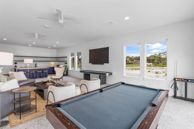 recreation room featuring plenty of natural light, pool table, and ceiling fan