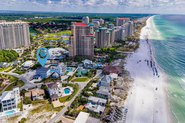 drone / aerial view with a view of the beach and a water view