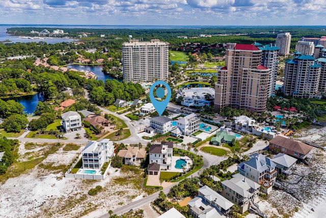 drone / aerial view with a water view