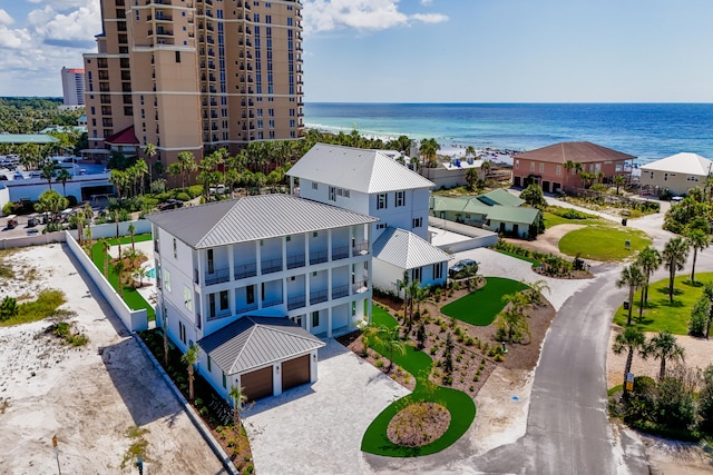 drone / aerial view featuring a water view