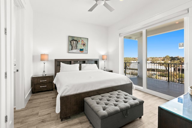 bedroom featuring ceiling fan, access to exterior, and light hardwood / wood-style flooring