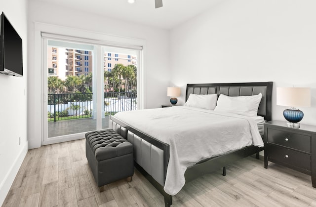 bedroom with ceiling fan, light wood-type flooring, and access to outside