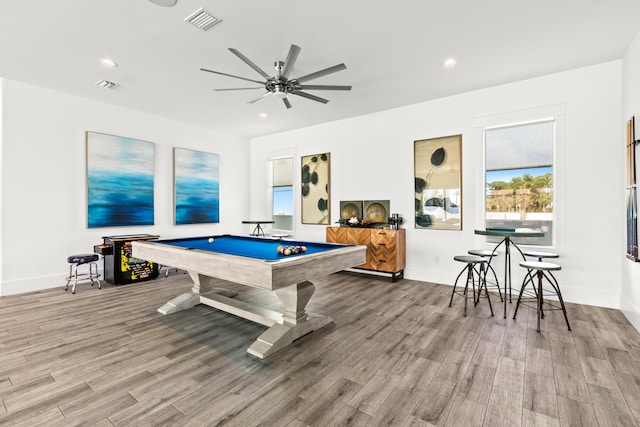 recreation room featuring billiards, ceiling fan, and light hardwood / wood-style floors