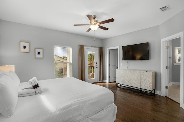 bedroom featuring dark hardwood / wood-style floors and ceiling fan