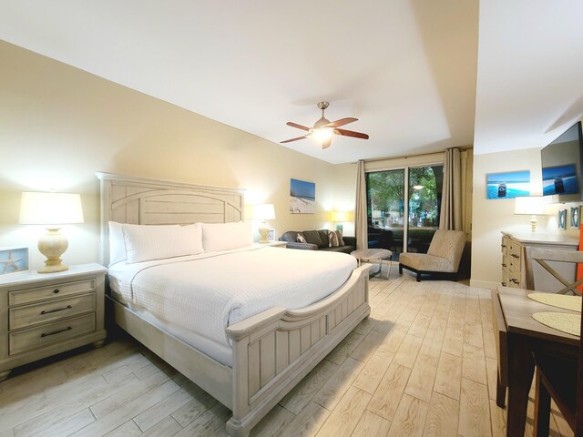 bedroom featuring light hardwood / wood-style floors and ceiling fan