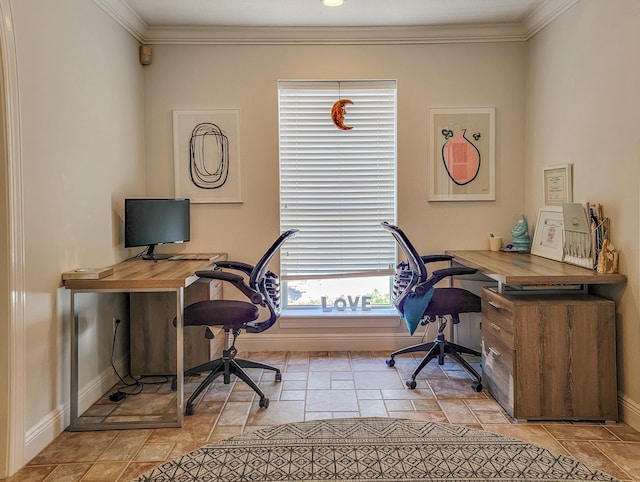 tiled office space featuring crown molding