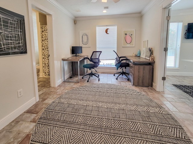 tiled home office featuring plenty of natural light, ceiling fan, and ornamental molding