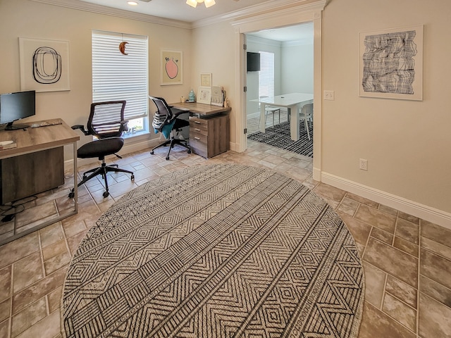 office featuring light tile flooring and crown molding