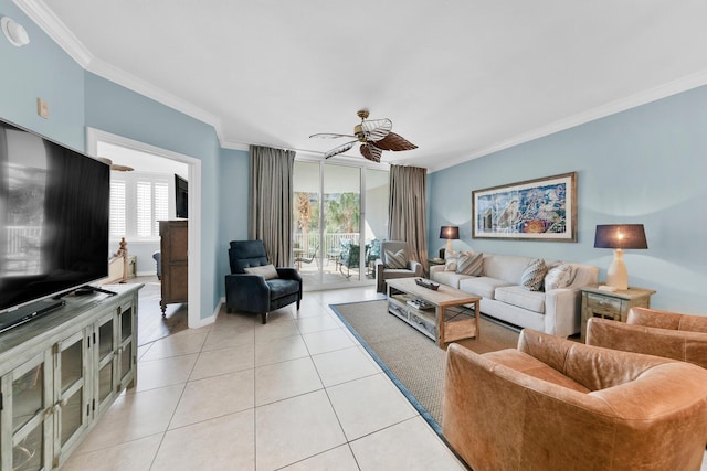 tiled living room with ornamental molding, ceiling fan, and plenty of natural light