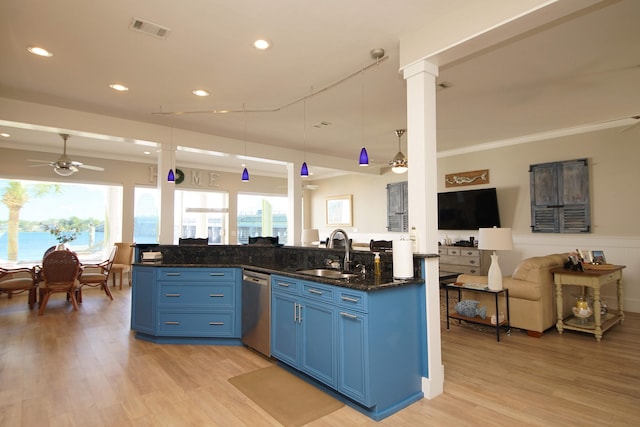 kitchen with light hardwood / wood-style flooring, blue cabinetry, stainless steel dishwasher, sink, and ceiling fan