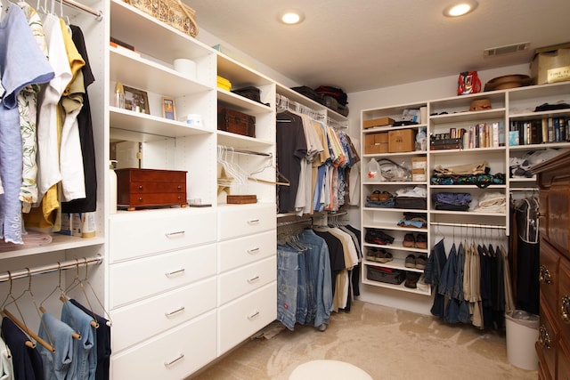 walk in closet with light colored carpet