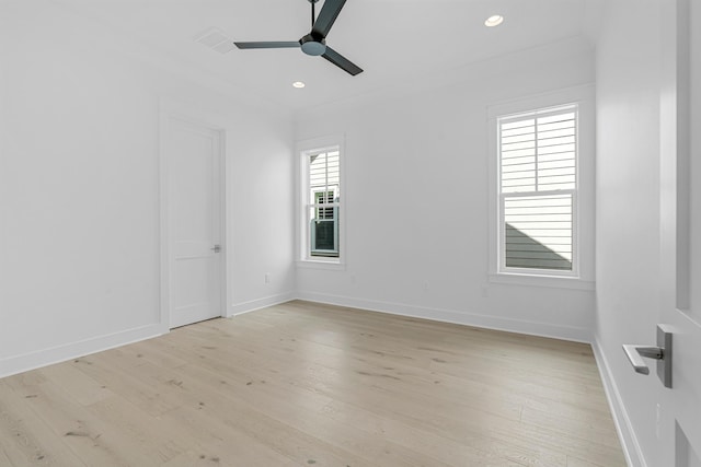 unfurnished room with ceiling fan, recessed lighting, light wood-style flooring, and baseboards