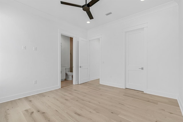 unfurnished bedroom with recessed lighting, visible vents, ensuite bath, light wood-type flooring, and baseboards