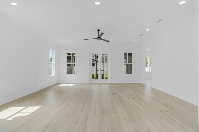 unfurnished living room featuring visible vents, baseboards, light wood-style flooring, ceiling fan, and recessed lighting