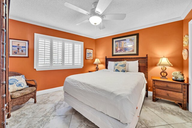 bedroom featuring ceiling fan, crown molding, light tile floors, and a textured ceiling