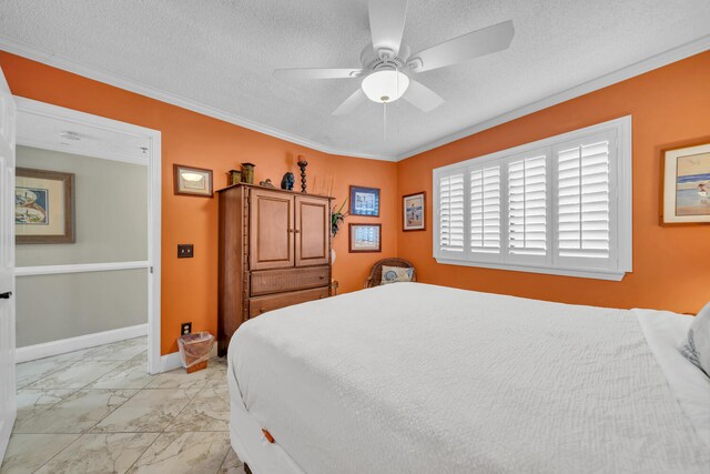 bedroom featuring crown molding, ceiling fan, a textured ceiling, and light tile flooring