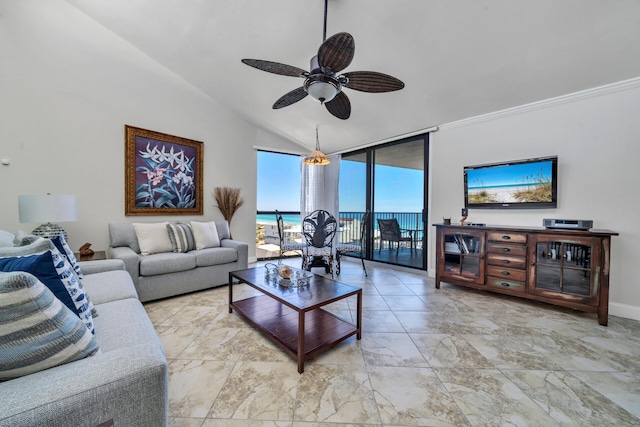 living room with ceiling fan, light tile floors, and a water view