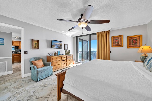 bedroom featuring a textured ceiling, access to exterior, ceiling fan, and light tile floors