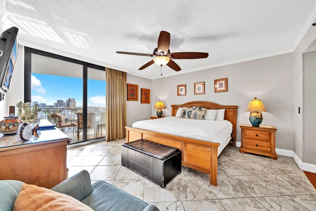 tiled bedroom featuring access to outside, crown molding, ceiling fan, and a textured ceiling