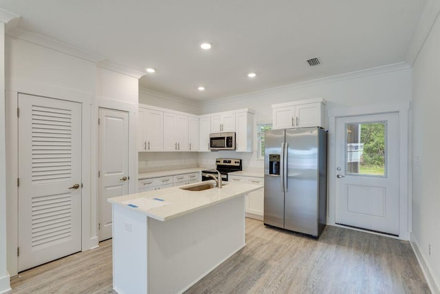 kitchen with appliances with stainless steel finishes, sink, light hardwood / wood-style floors, decorative backsplash, and an island with sink