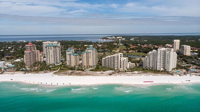 drone / aerial view with a view of the beach and a water view