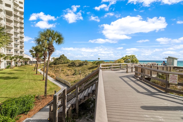 view of nearby features featuring a water view and a lawn