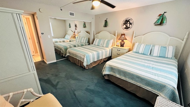 carpeted bedroom featuring ceiling fan