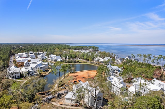 drone / aerial view with a water view