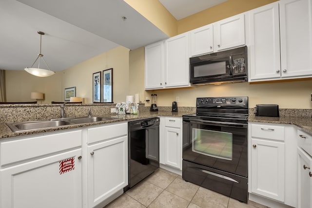 kitchen with white cabinetry, light tile floors, black appliances, and sink