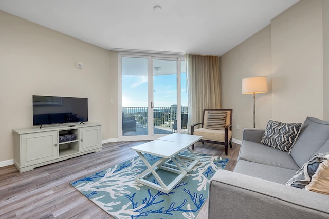 living room featuring floor to ceiling windows and light hardwood / wood-style floors