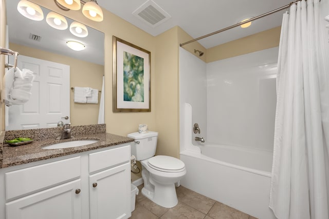 full bathroom with tile flooring, vanity with extensive cabinet space, toilet, and shower / bathtub combination with curtain