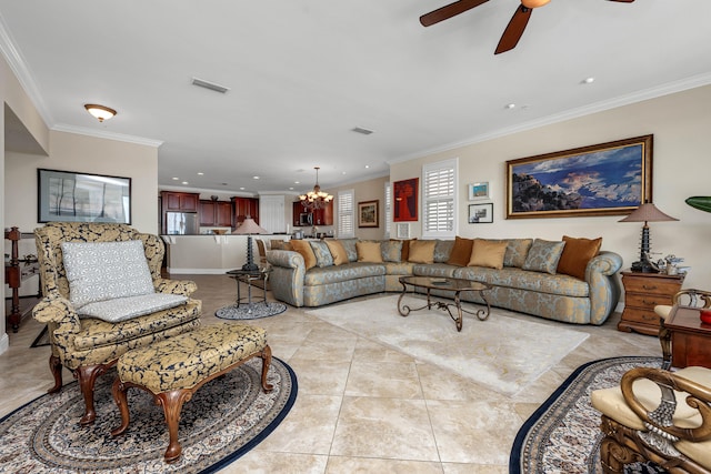 tiled living room featuring ceiling fan with notable chandelier and crown molding